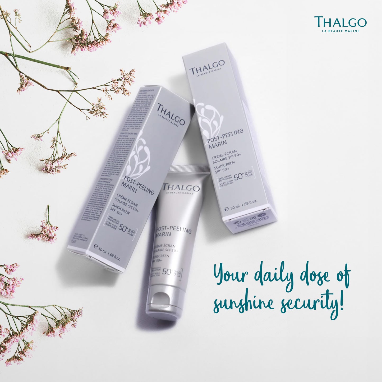 thalgo sunscreen spf 50+ - optimal uva/uvb protection with marine uv filter and red microalga extract for matte skin - 50ml