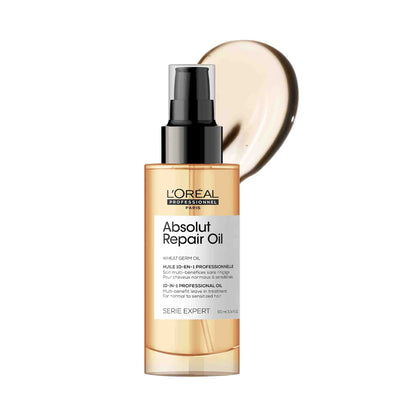 L'Oréal Professionnel Absolut Repair 10-in-1 Leave-in Serum for Dry & Damaged Hair - 90ml | 10-in-1 Multi-Benefit Leave-In Hair Oil, 1 action with 10 benefits, Enriched with Wheat Germ Oil