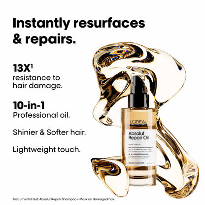 L'Oréal Professionnel Absolut Repair 10-in-1 Leave-in Serum for Dry & Damaged Hair - 90ml | 10-in-1 Multi-Benefit Leave-In Hair Oil, 1 action with 10 benefits, Enriched with Wheat Germ Oil