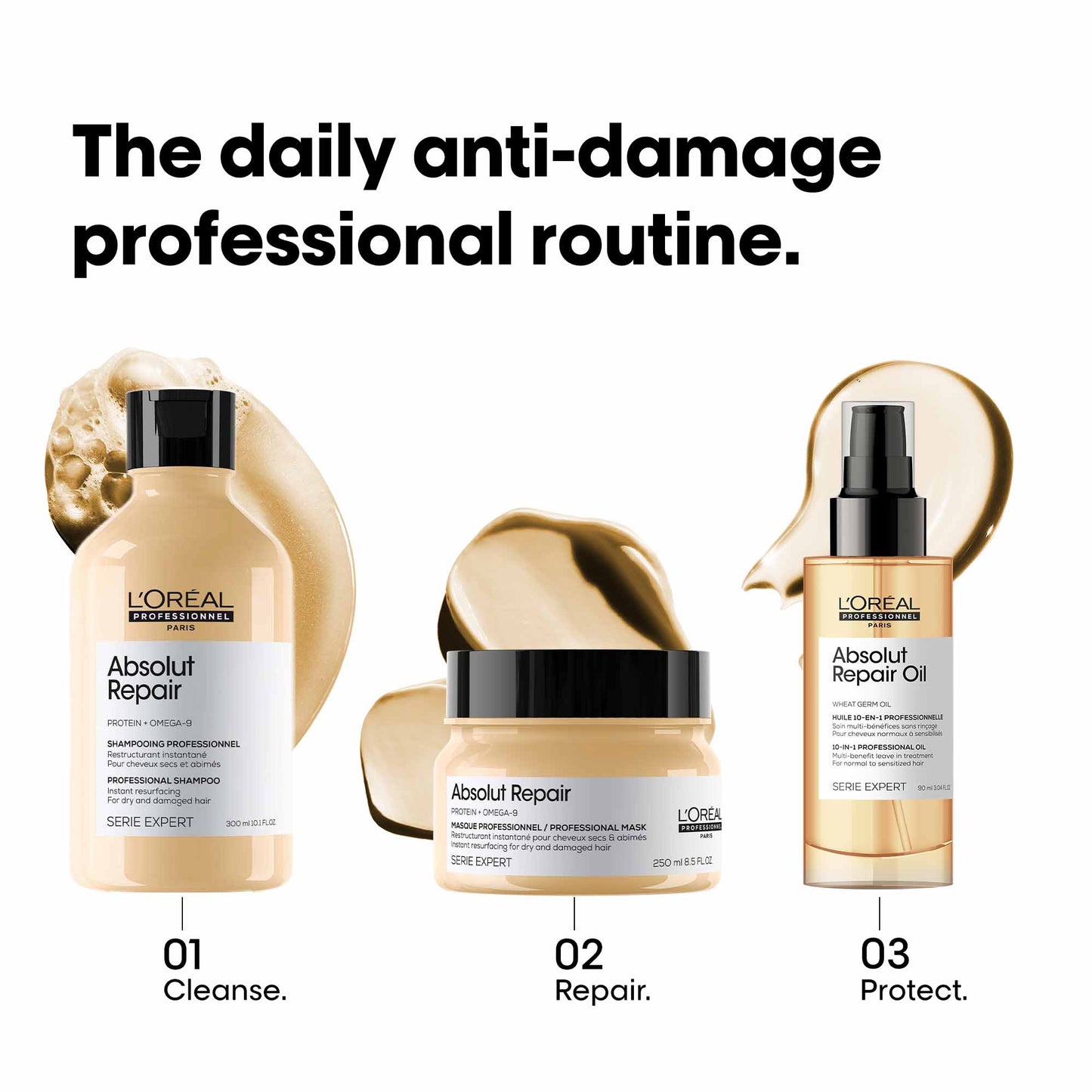 l'oréal professionnel absolut repair 10-in-1 leave-in serum for dry & damaged hair - 90ml | 10-in-1 multi-benefit leave-in hair oil, 1 action with 10 benefits, enriched with wheat germ oil