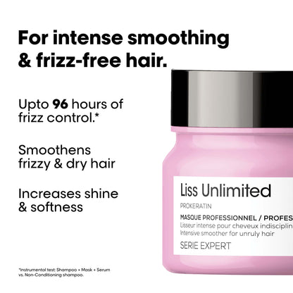 L'Oréal Professionnel Liss Unlimited Mask for Frizzy & Unruly Hair - 250ml | Intensive Smoothing Mask for Frizz-Control | Enriched with Pro-Keratin | Increases Softness & Shine