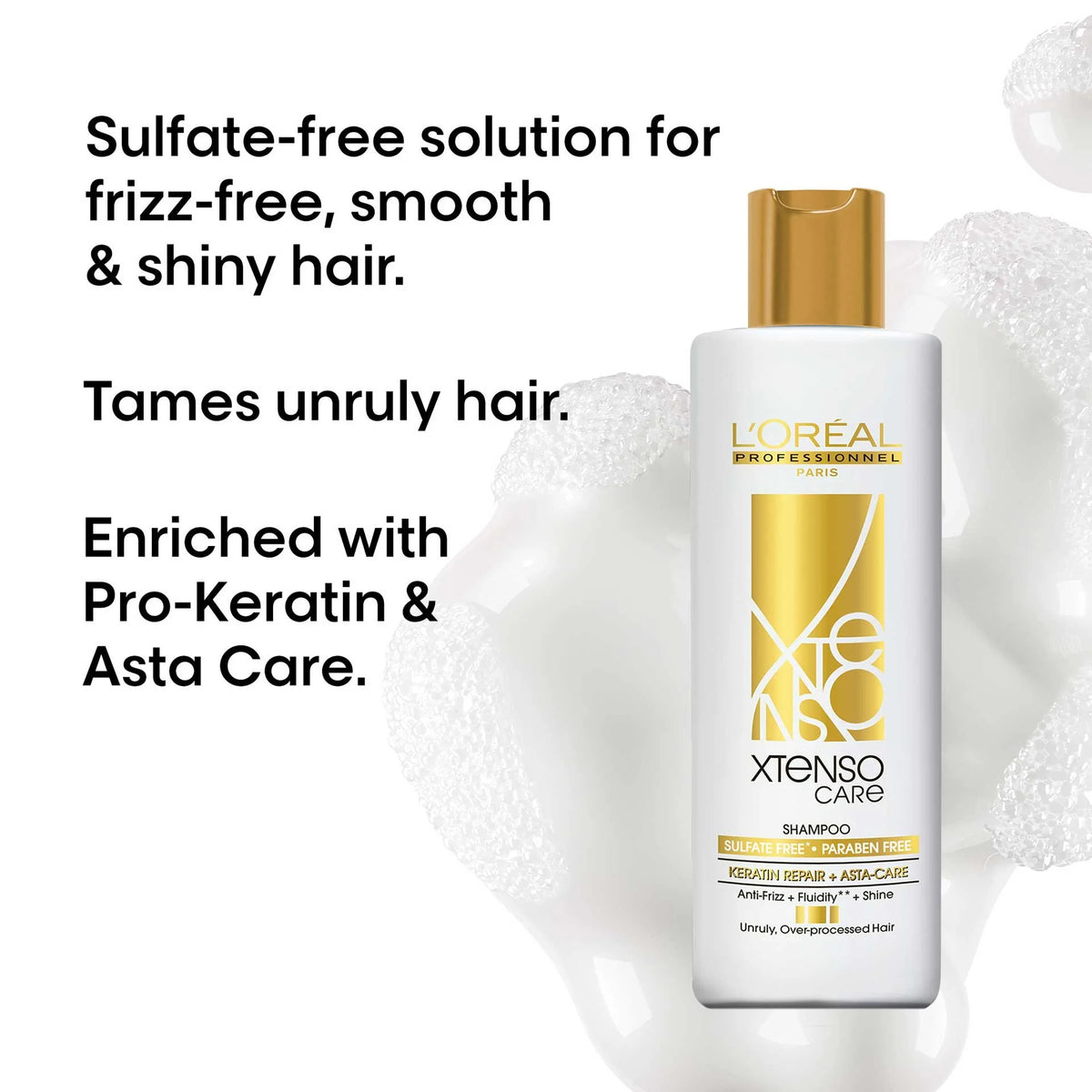 l'oréal professionnel xtenso care sulfate-free shampoo for frizz-free, shiny & manageable hair 250ml | with pro keratin & asta care | for men & women | unruly, unmanageable hair